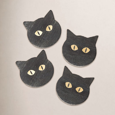 Halloween Black Cat Marble Coaster Set