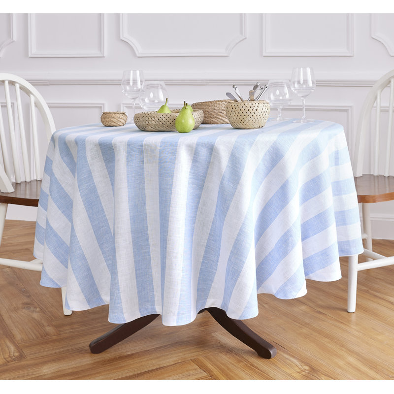 Cabana Stripe - 100% Pure Linen Round Tablecloth, Sky Blue and White, 70" Round