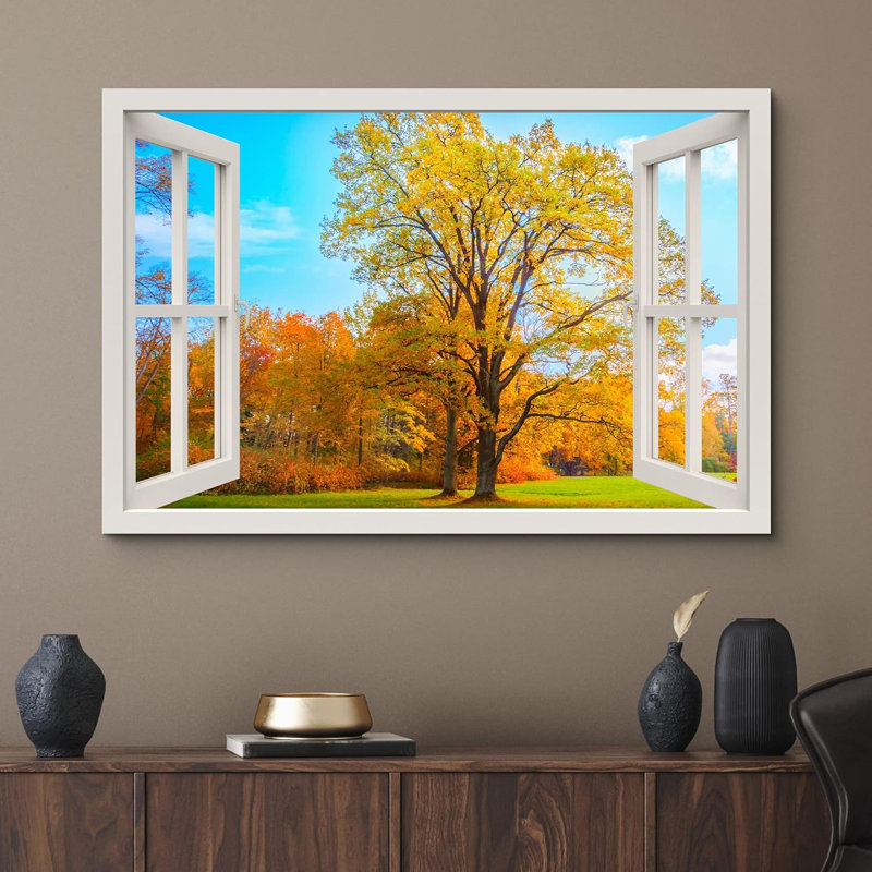 «Autumn Fall», «Window View Yellow Orange Tree Autumn Fall Park Nature Scenic Landscape» sur toile, H 16 po x l 24 po