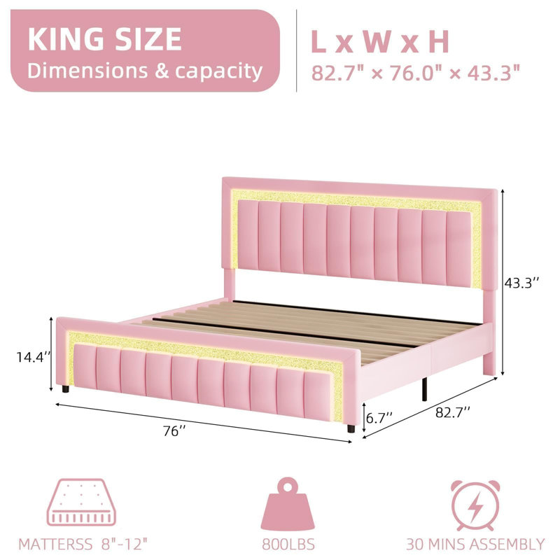 Structure de lit à DEL et revêtue de velours avec tête de lit moderne en losange réglable, Très grand lit, Rose
