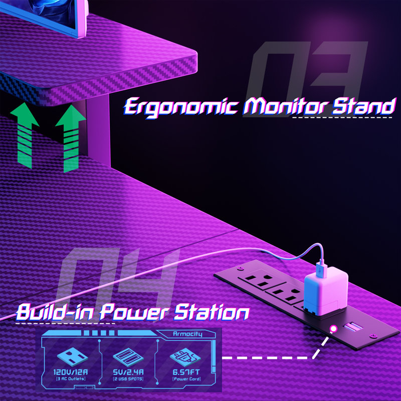 Carbon Fiber Black L-Shaped Gaming Desk with Monitor Stand and LED Lights
