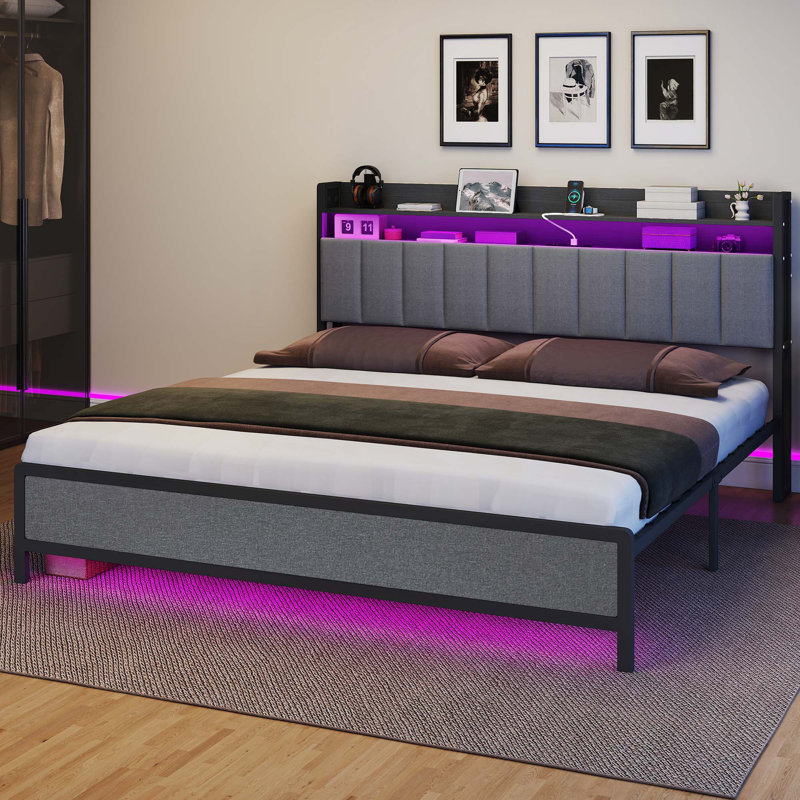 Upholstered Storage Bed with LED Lights, Rustic Brown