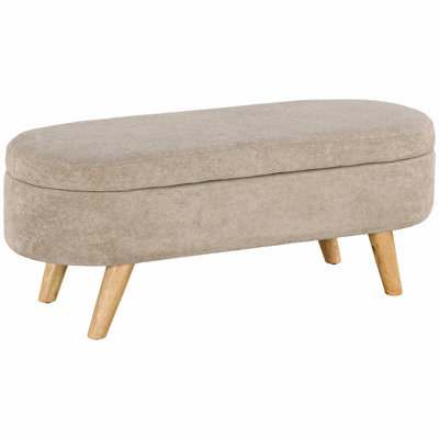 Storage Ottoman Bench, Teddy Fleece Upholstered End Of Bed Bench With Wood Legs And Padded Seat, Oval Modern Entryway Bench, Beige by George Oliver