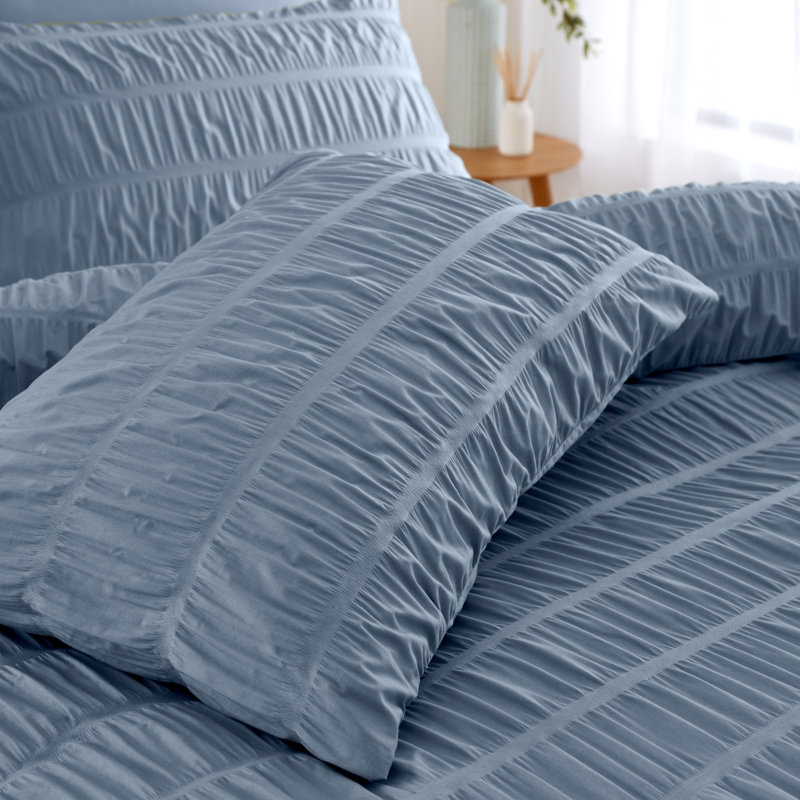 Seersucker Duvet Cover Set with Pillowcases, Blue, Double Duvet Cover + 2 Standard Pillowcases
