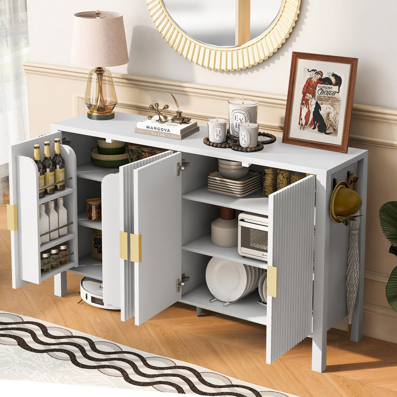 Buffet de 57,5 po avec supports, tablettes réglables et crochets latéraux, Blanc