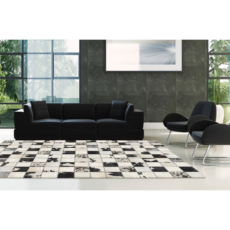 Area Cowhide Patchwork Area Rug in Black/Cream, Rectangle 8' x 10'
