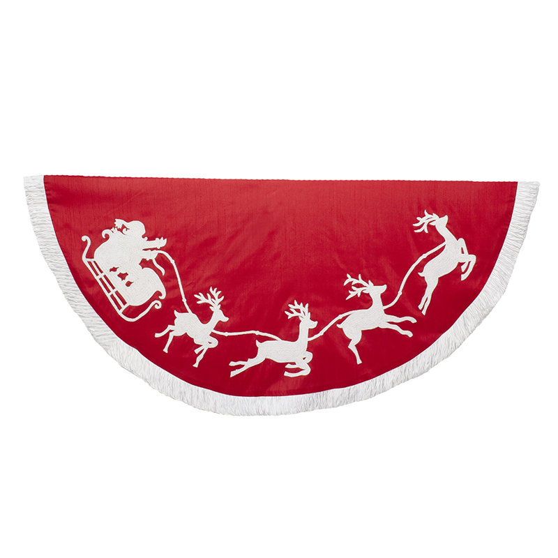 Red and White Santa Sleigh Embroidered Christmas Tree Skirt
