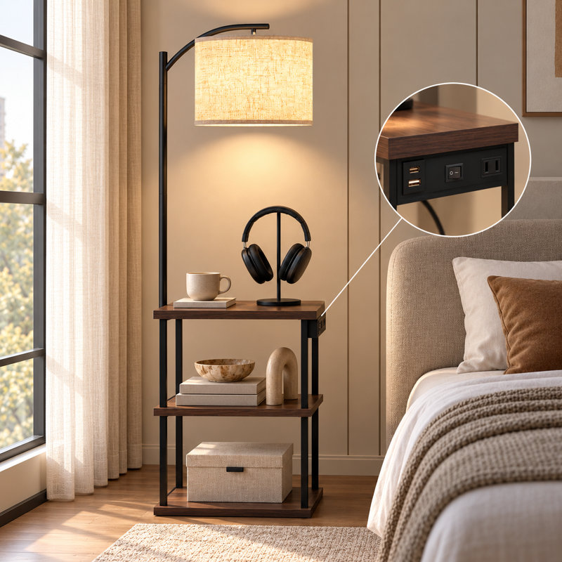 Kartrina 59.45'' Tray Table Floor Lamp with USB & Type-C & AC Port, Rustic Brown