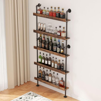 Floating Bar Shelves, 5-Tier Wood Wall Mounted Wine Rack, Liquor Bottle Shelf Display For Home Bar, Kitchen, Restaurant(40" W X 79" H)
