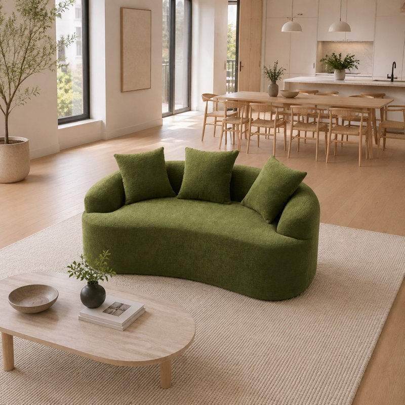 Causeuse incurvée de 65 pouces en chenille, canapé à compression 2 places avec support à ressorts et 3 coussins décoratifs, aucun assemblage requis