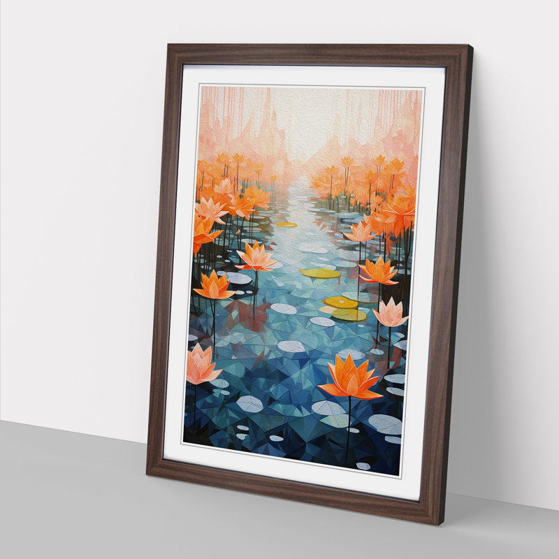 XYZ-FRM-V1223-5223 Pond Geometric - Single Picture Frame Print on Wood, Walnut, 64cm H x 46cm W x 2cm D