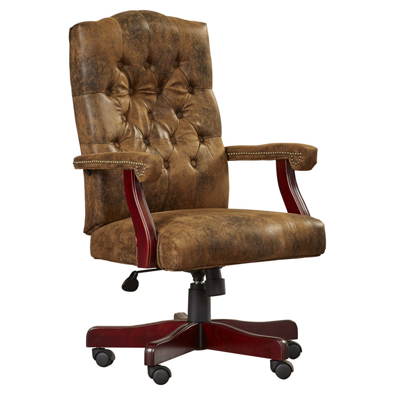 Rustic Brown Leather Executive Swivel Office Chair with Arms