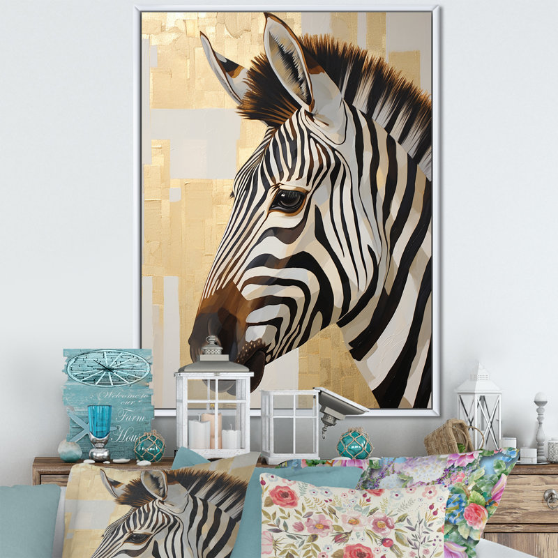 Beige et doré zèbre couleur II sur toile, Cadre flottant blanc, H 32 po x l 16 po x P 1 po