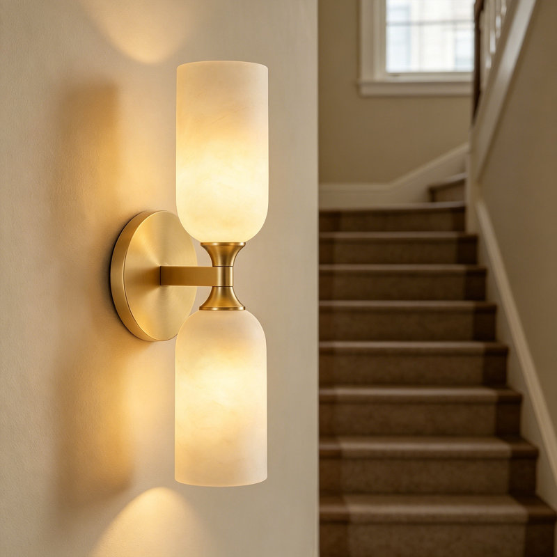 14" Natural Spanish Alabaster Wall Sconce - 1280LM High-Brightness 2-Light Vanity Lamp with Brushed Brass Base (Hardwired)