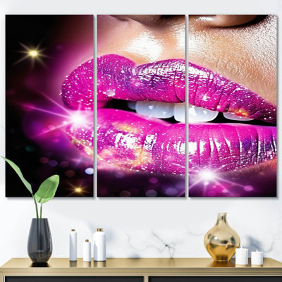«Pink Glam Sugar Kisses Radiant Lips On Canvas», reproduction de 3 pièces