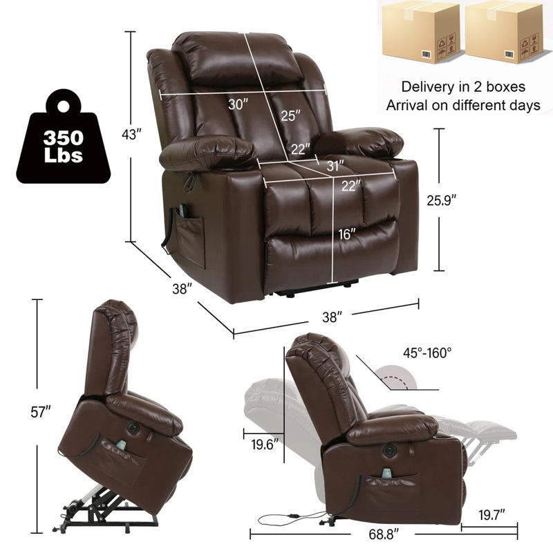 Fauteuil inclinable électrique en cuir avec port USB et porte-gobelet Power Lift, Brun