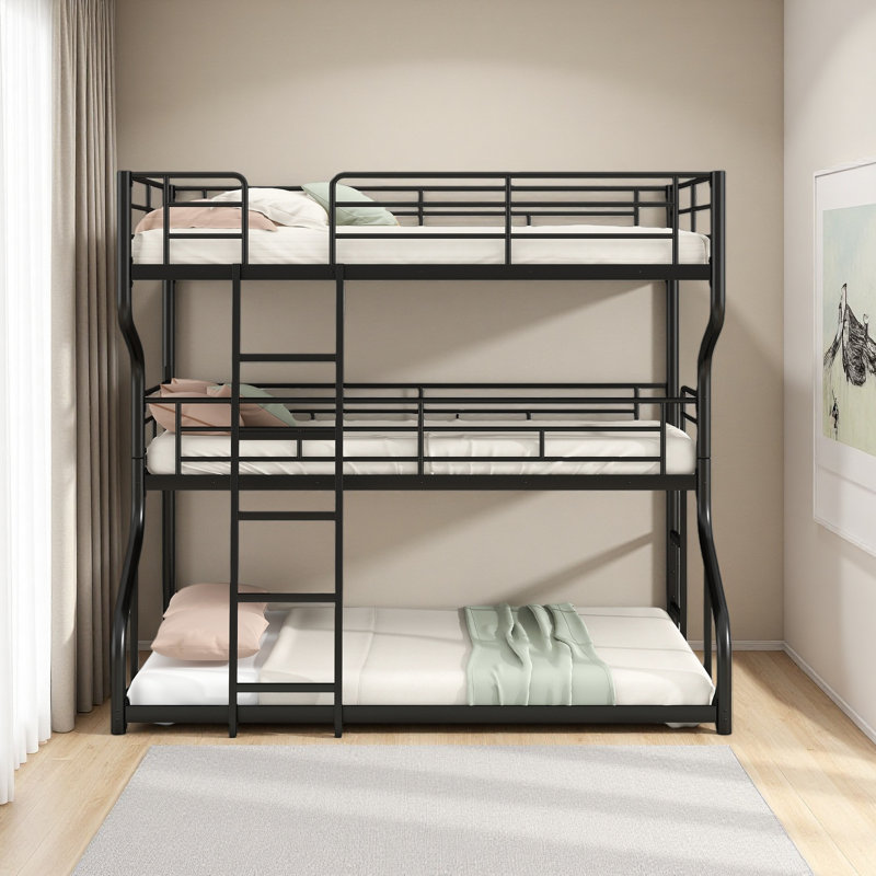 Full XL Over Twin XL Over Queen Size Triple Bunk Bed With Long And Short Ladder, Black