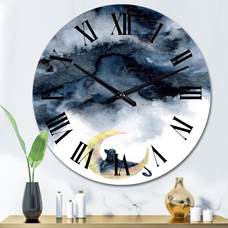 Horloge murale moderne avec panthère noire et demi-lune jaune, Grand