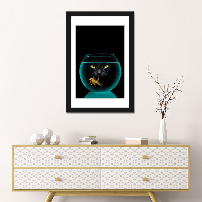 «Black Cat Goldfish», impression sur toile tendue, H 24 po x l 16 po x P 1 po, Papier d'art encadré noir, Blanc