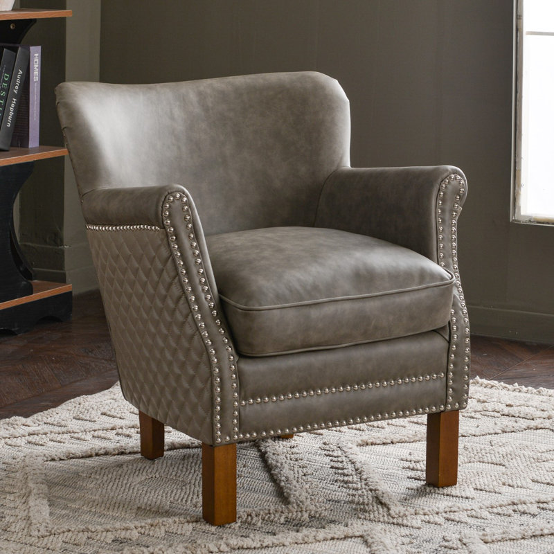 26'' W Small Top-Grain Genuine Leather Upholstered Armchair, Gray