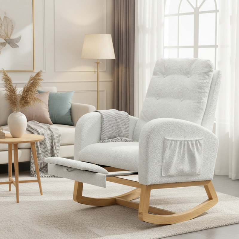 Chaise berçante d'appoint rembourrée à haut dossier avec repose-pieds et poche de rangement pour le salon, White