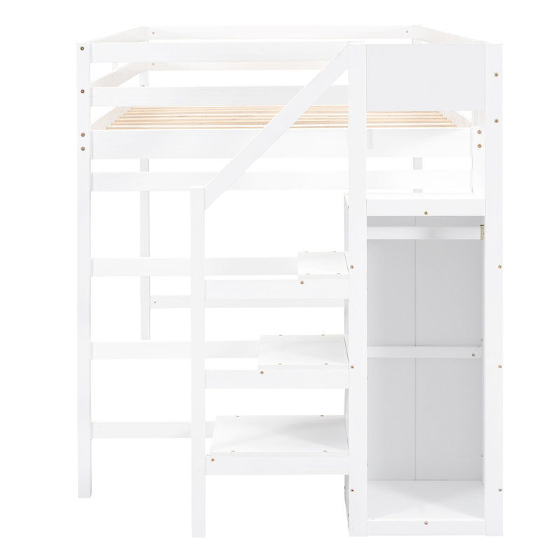 Lit mezzanine double blanc avec rangement intégré et escalier - Structure en bois de pin robuste pour la chambre à coucher avec escalier, structure