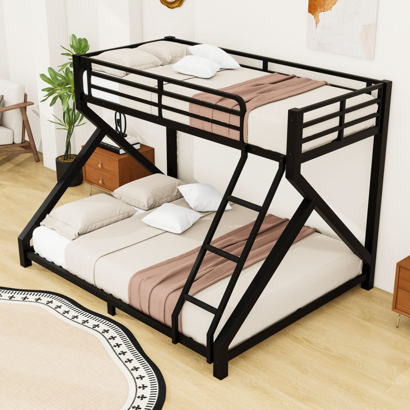 Metal Bunk Bed with Ladder and Guardrails, Twin XL Over Queen