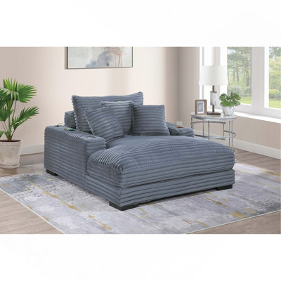 Chaise longue avec 2 porte-gobelets et ports USB en velours côtelé gris