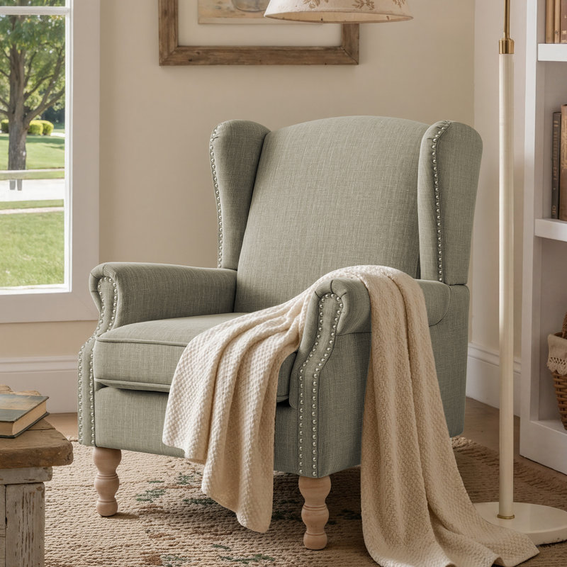 Chloris Extra Wide Wingback Accent Chair, Mid-Century Modern Linen Upholstered Armchair with Nailhead Rivet Trim, Solid Turned Wood Legs, Farmhouse Reading Chair for Living Room Bedroom