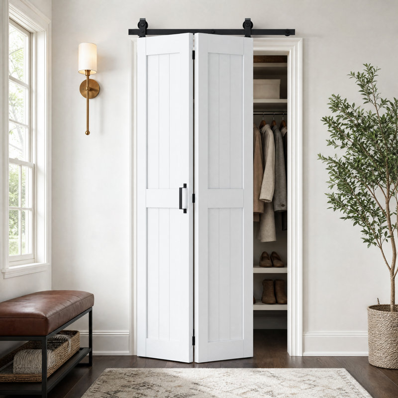 Porte de grange pliante en bois manufacturé 84 po 84 po avec quincaillerie d'installation (support supérieur), 28 po x 84 po
