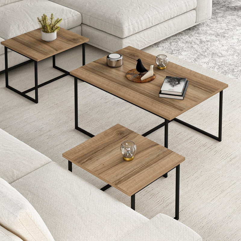 Ensemble de 3 tables gigognes élégantes en noyer, 35,4 x 16,5 x 23,6 pouces (grand) et 20,5 x 14,2 x 14,6 pouces (2 petits) | Panneau de particules enduit 100% mélamine, structure en métal | Design industriel moderne pour la maison et le bureau