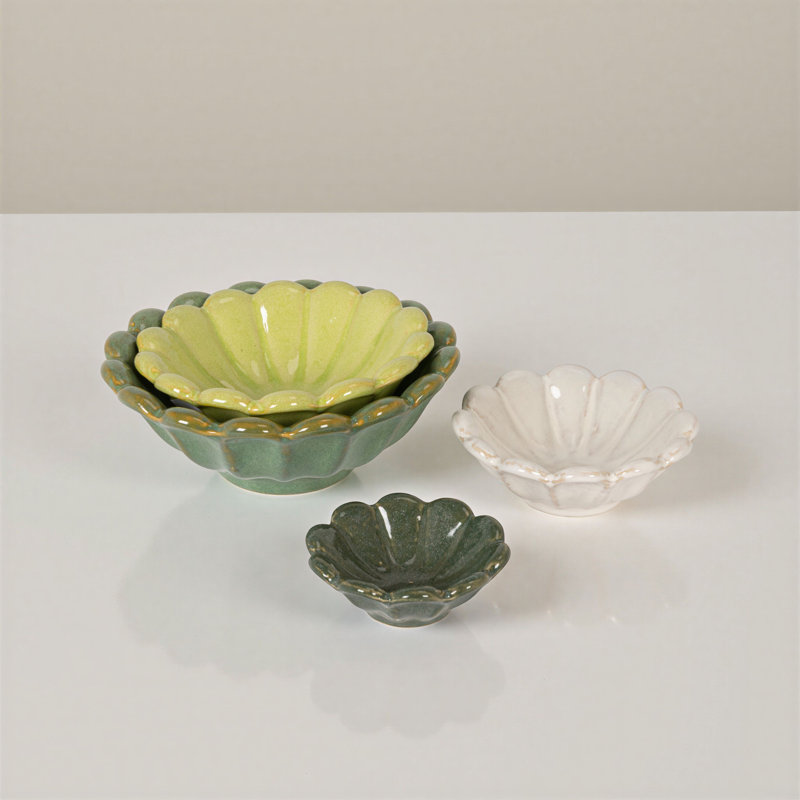 Ensemble de bols en forme de grès en forme de fleur, Jaune-vert / vert foncé / blanc