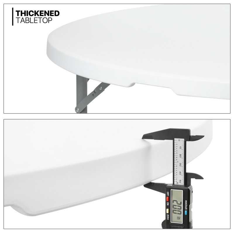 Table ronde en plastique pliable ronde avec cadre en acier pliable et poignée de transport, H 29,5 po x L 54 po x P 54 po