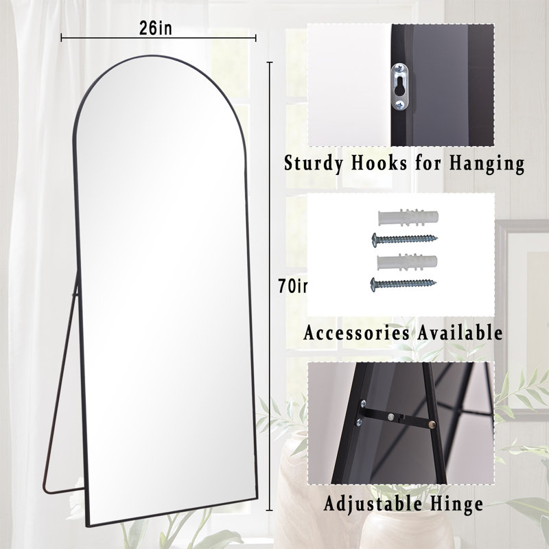Aluminum Alloy Framed Full Length Mirror with Stand Large Wall Mirror, Black, 177.8cm H x 66cm W
