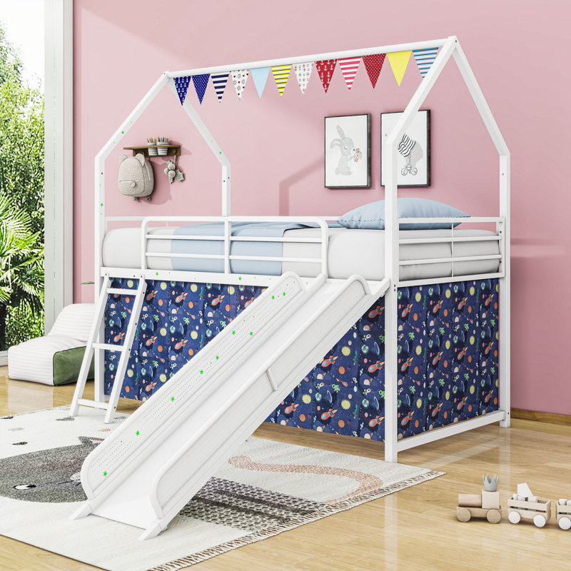 Lit mezzanine simple avec glissade et rideau, Bleu blanchi