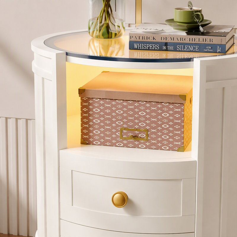 Table de chevet à 2 tiroirs avec éclairage DEL, table d'appoint moderne avec plateau en verre