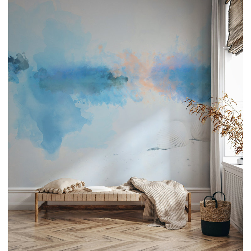 Papier peint aquarelle bleu avec des teintes de pêche douces, L 115 po x l 225 po