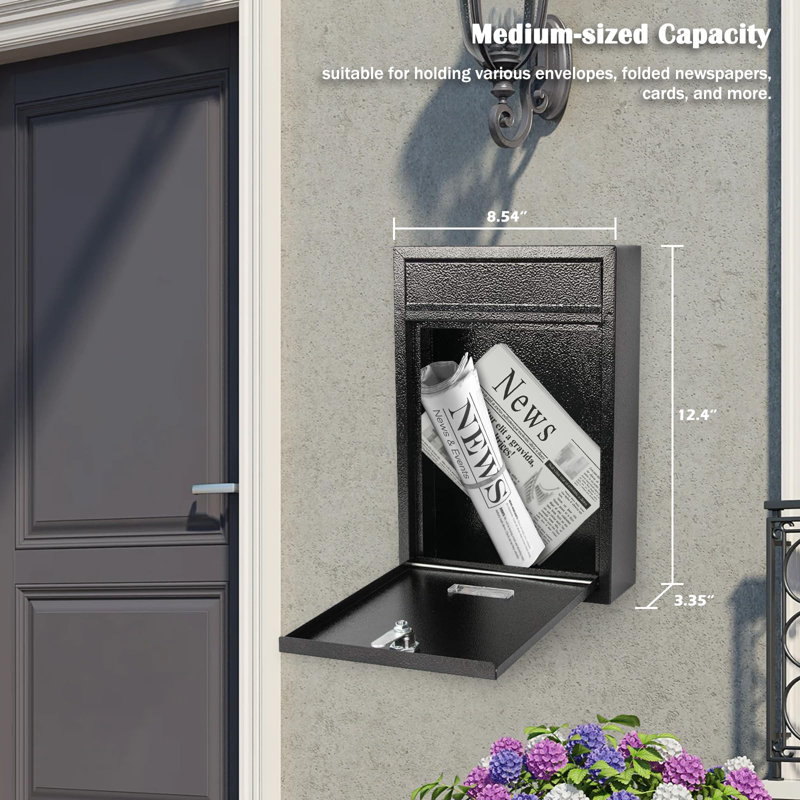 Key Lock Mailboxes For Outside, Locking Wall Mount Mailbox, Security Key Drop Box For Letters Newspapers, Cards, 12.4H X 8.54L X 3.35W Inches, Black