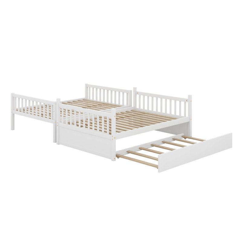 Lit superposé en bois d'hévéa avec lit gigogne, échelle, garde-corps, convertible en 2 lits, Blanc