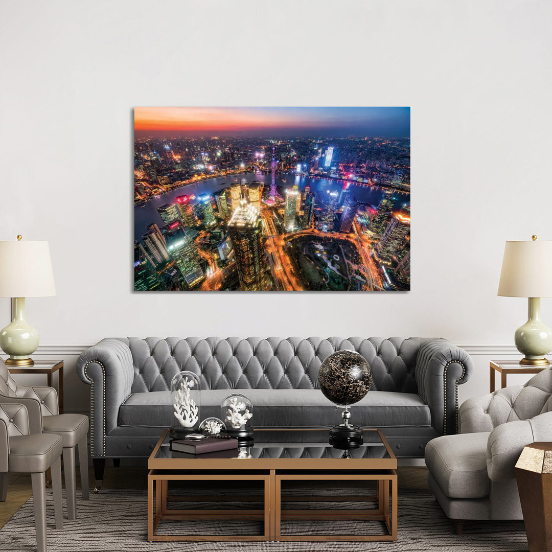 Aerial View Of Pudong At Night With Oriental Pearl Tower, Shanghai, China by Jan Becke - Wrapped Canvas Print