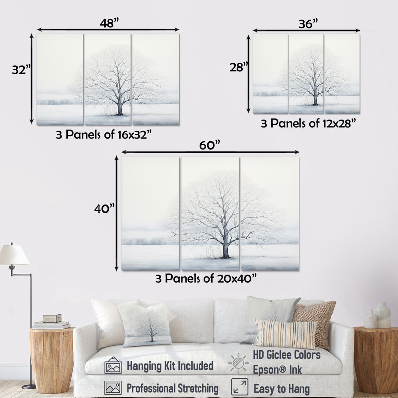 Winters Tree Minimalisme II - Ensemble de décoration murale arbre, Toile tendue, H 40 po x l 60 po x P 1 po