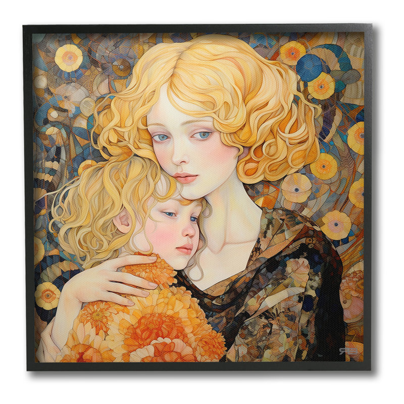 Blond, mère et enfant, estampe numérique, ArtbyRB, Giclée encadrée noir minuit, H 12 po x l 12 po