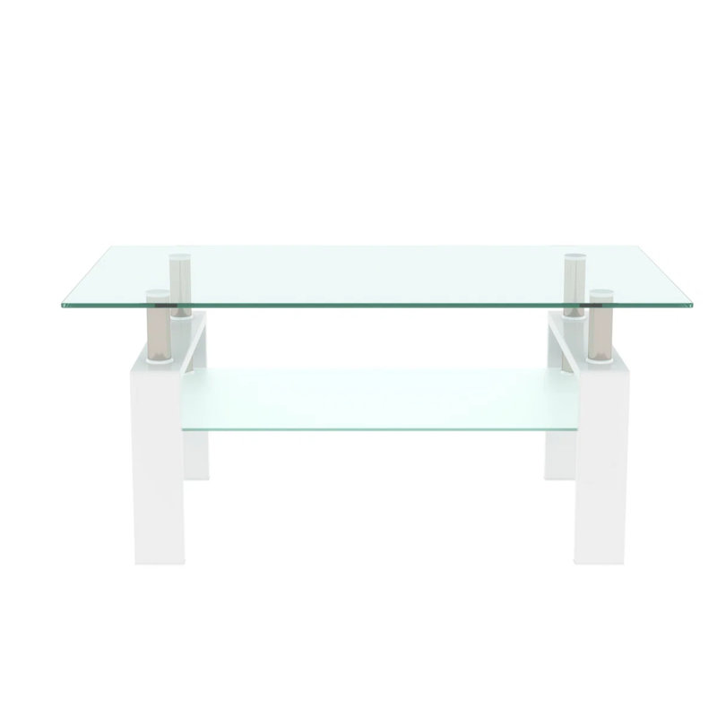 Rectangular Clear Glass Outdoor Coffee Table with White Wooden Legs