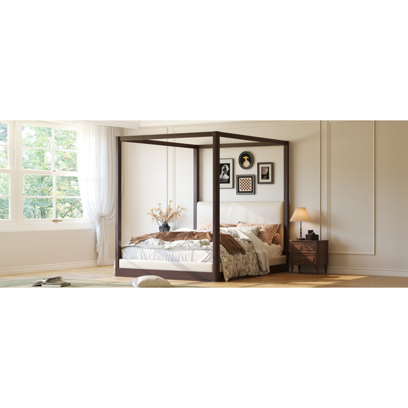 Lit plateforme à baldaquin en bois grand avec tête de lit tapissier, structure espresso et tissu blanc, Queen, Espresso