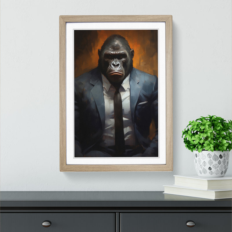 Gorilla In A Suit Painting No.5 - Single Picture Frame Print on Wood, Oak, 64cm H x 46cm W x 2cm D