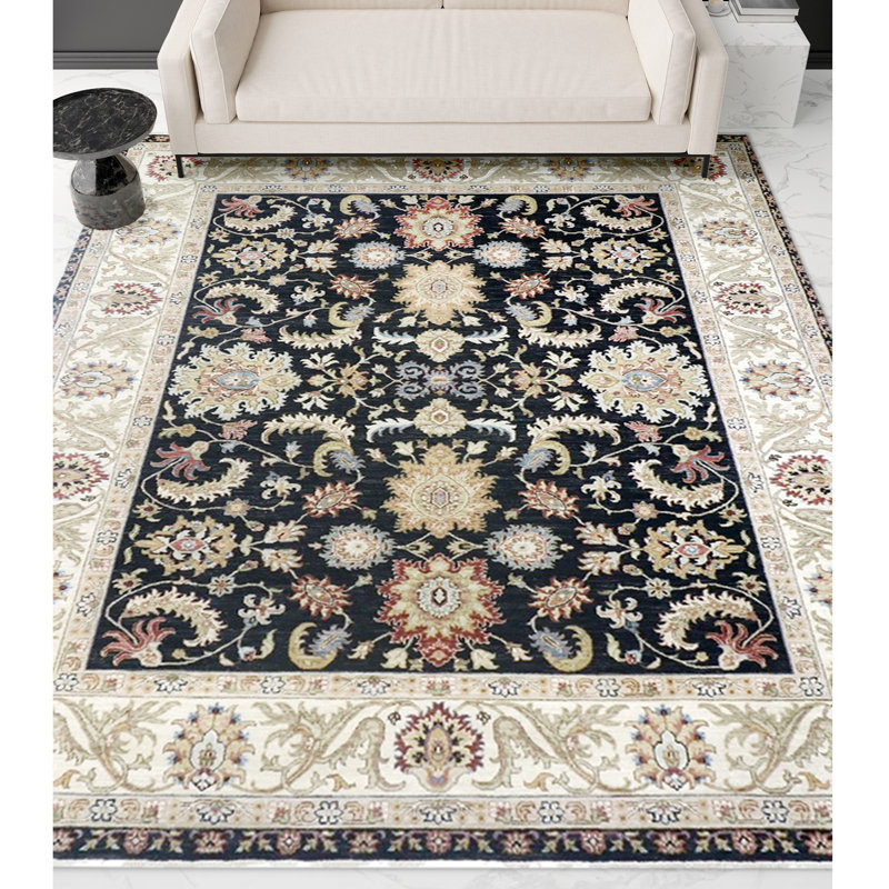 Tapis noir / ivoire de haute qualité noué à la main, Rectangle 8 pi x 10 pi