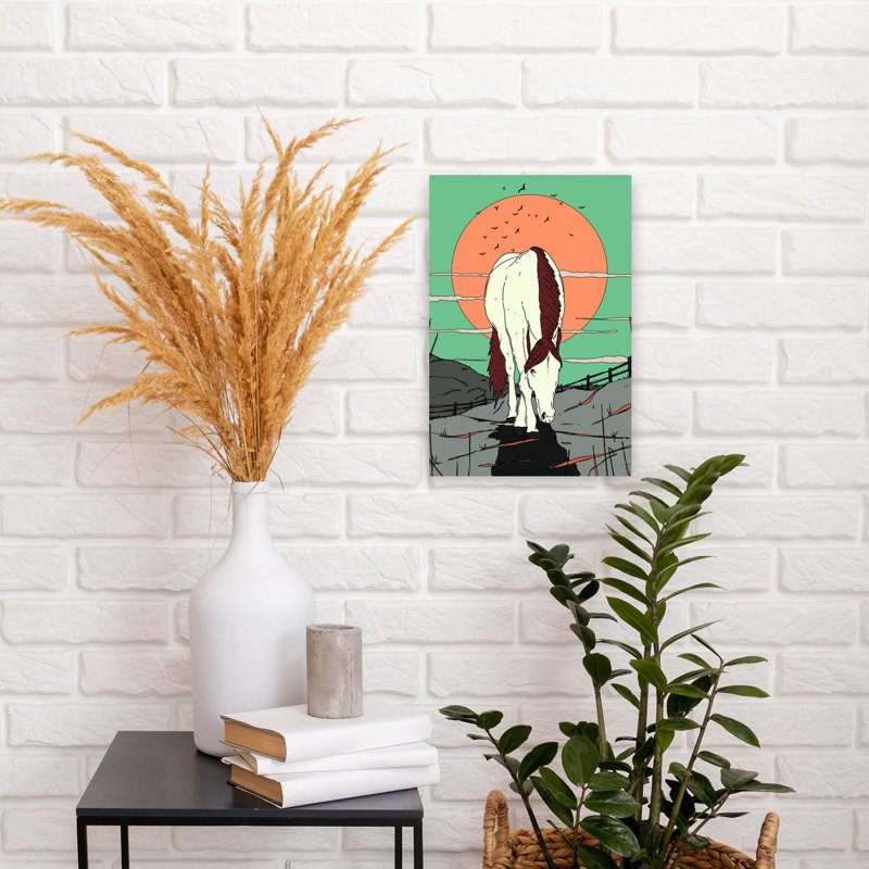 «White Horse Sunset Path Peaceful Serene Tranquil Bird Horse Landscape Nature», reproduction d'art mural, H 18 po x l 12 po