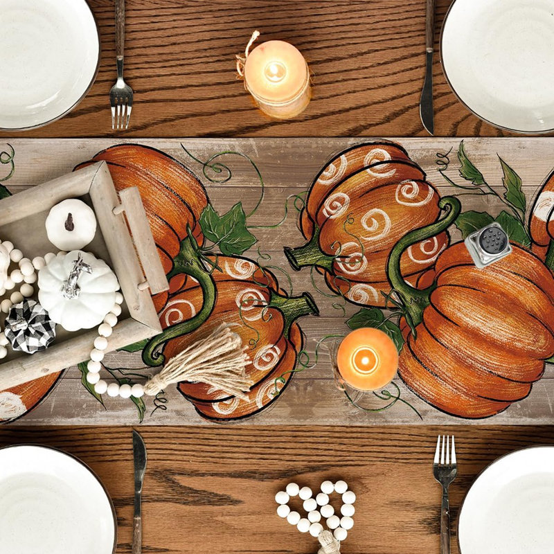 Dot Pumpkins Vine Fall Table Runner, Seasonal Autumn Thanksgiving Kitchen Dining Table Decoration For Home Party Decor 13X72 Inch