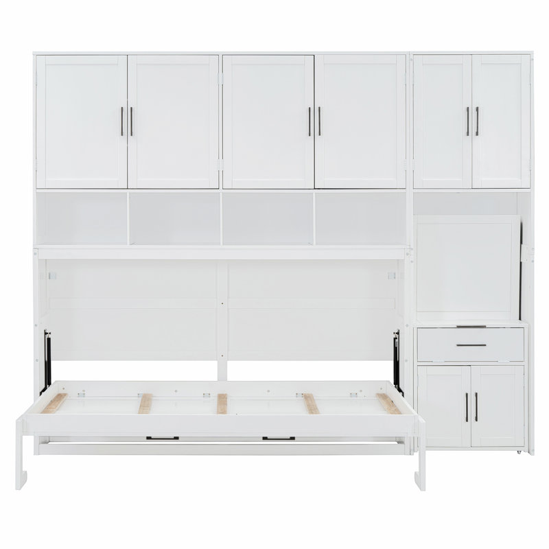 Murphy Bed With Desk, Cabinet And Bookcase, White