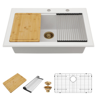 33L x 22W  Inch Granite Drop in Kitchen Sink with Workstation, White